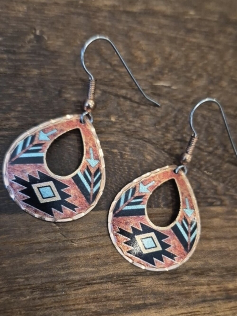 Southwestern Aztec Print Copper & Silver Tone Tear Drop Dangle Earrings - Picture 1 of 7